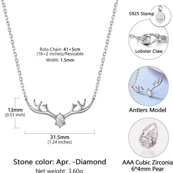 925 Sterling Silver Necklace/Antler Deer Necklace,Adjustable Silver Birthstone N